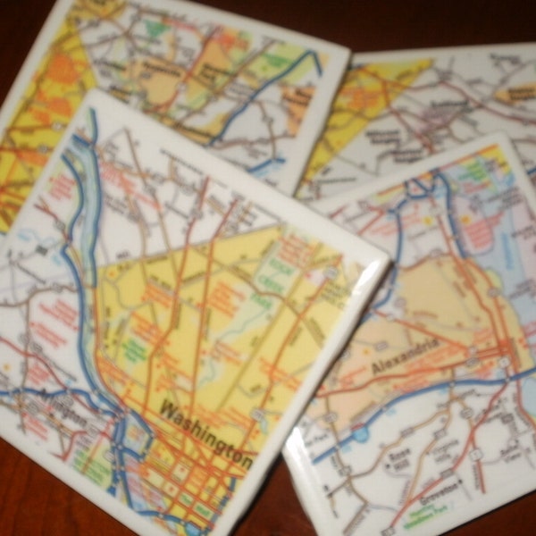 Map Coasters - Washington DC Area Road Map Coasters...Including Alexandria...Set of 4...For Drinks or Candles...Full Cork Bottoms NOT Felt