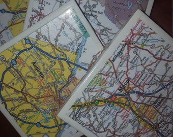 Sale, GA Road Map Coasters...Featuring  Augusta answer Macon...Full Cork Bottoms...For Drinks and Candles