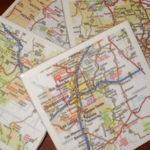 Map Coasters New Mexico Map Coasters...Including Albuquerque and Sante Fe...Set of 4...Full Cork Bottoms...For Drinks, Coffee or Wine image 1