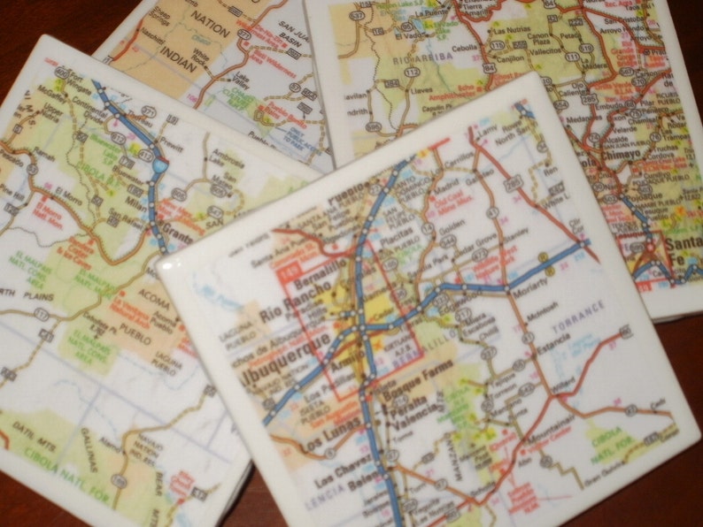 Map Coasters New Mexico Map Coasters...Including Albuquerque and Sante Fe...Set of 4...Full Cork Bottoms...For Drinks, Coffee or Wine image 1