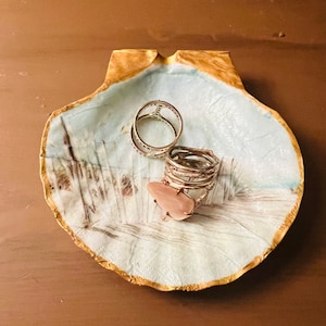 Trinket Dish, Jewelry Dish, Decoupaged Scallop Shell, Coastal, Nautical, Gift