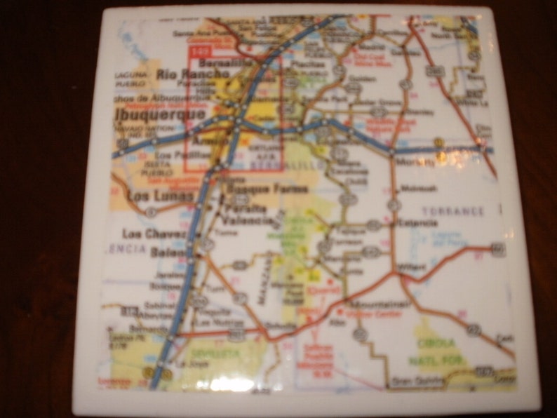 Map Coasters New Mexico Map Coasters...Including Albuquerque and Sante Fe...Set of 4...Full Cork Bottoms...For Drinks, Coffee or Wine image 5