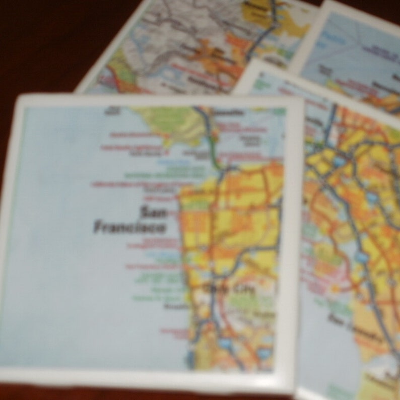 San Fran Bay Area Road Map Coasters...Set of 4...For Drinks or Candles...Full Cork Bottoms NOT Felt image 1