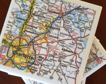 N Carolina Map Coasters, Charlotte, Set of 4, FREE SHIPPING