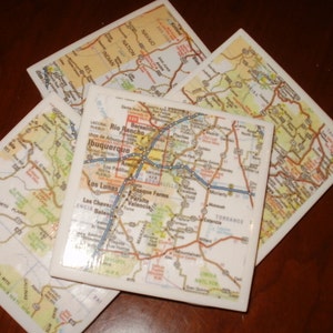 Map Coasters New Mexico Map Coasters...Including Albuquerque and Sante Fe...Set of 4...Full Cork Bottoms...For Drinks, Coffee or Wine image 4