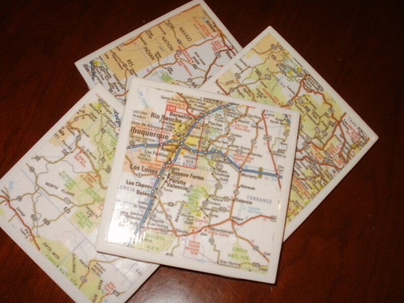 Map Coasters New Mexico Map Coasters...Including Albuquerque and Sante Fe...Set of 4...Full Cork Bottoms...For Drinks, Coffee or Wine image 4