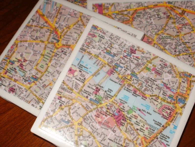 London Road Map Coasters...Set of 4...For Drinks and Candles..,.Full Cork Bottoms NOT Felt image 1