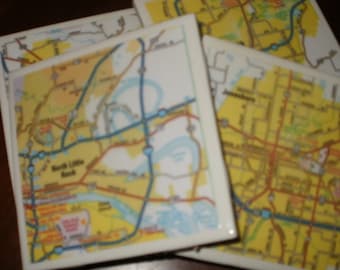 Arkansas Map Coasters...Set of 4...Featuring Little Rock...For Drinks and Candles...Full Cork Bottom NOT Felt