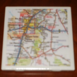 Map Coasters New Mexico Map Coasters...Including Albuquerque and Sante Fe...Set of 4...Full Cork Bottoms...For Drinks, Coffee or Wine image 2