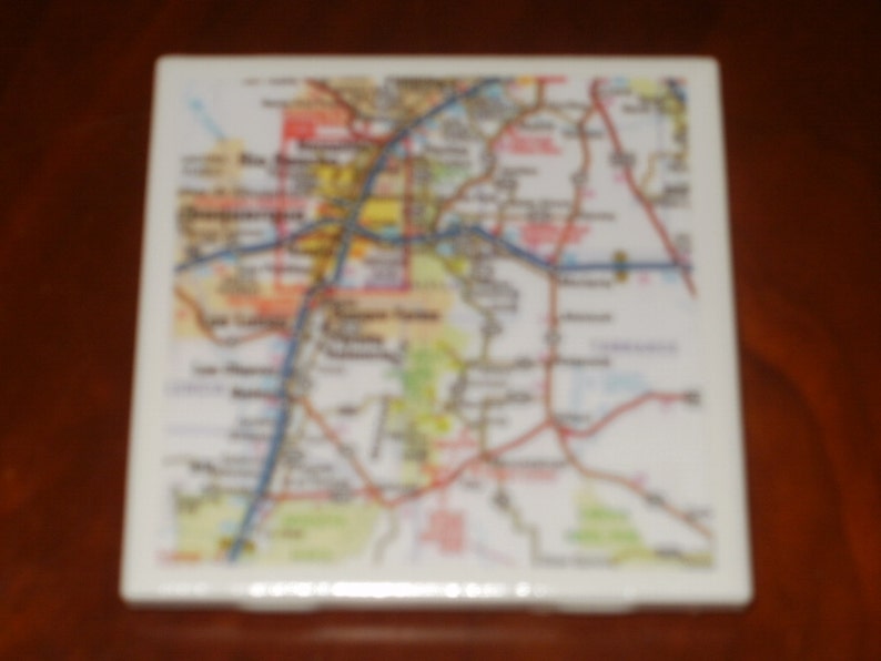 Map Coasters New Mexico Map Coasters...Including Albuquerque and Sante Fe...Set of 4...Full Cork Bottoms...For Drinks, Coffee or Wine image 2