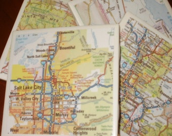 Map Coasters - Utah Map Coasters...Featuring Salt Lake City...Full Cork Bottoms...For Drinks and Candles