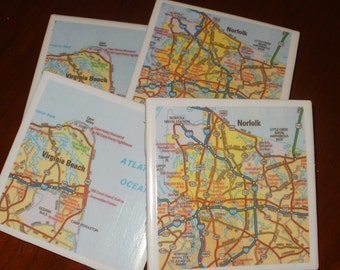 Virginia Beach - Norfolk Road Map Coasters...Set of 4...For Drinks and Candles...Full Cork Bottoms NOT Felt