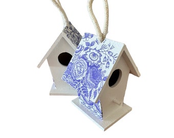 Pair Birdhouses, Blue and White, Decoupaged