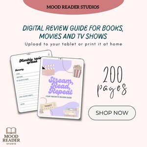 May include: Digital review guide for books, movies, and TV shows. The guide is designed to be uploaded to a tablet or printed at home. The cover features the text "Stream, Read, Repeat" and "Your Favorite Review Guide". The guide has 200 pages.