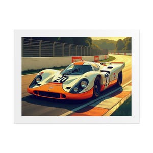 Rolled Posters, Wall Decor, Home Office Art, Porsche 917 Race Car in Gulf Colours Stylised Race Track