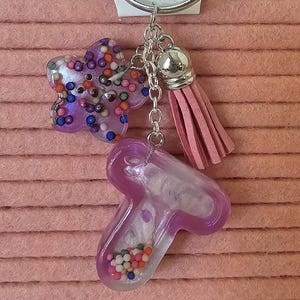 Colorful Shaker Letter Keychain- Custom resin initial with tassel and charm (Flower or initial charm)Adorable handmade and personalized