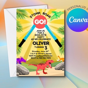 Dinosaur DannyGo! Birthday Invitation-Editable Canva Template, Printable 5x7, Instant Download.