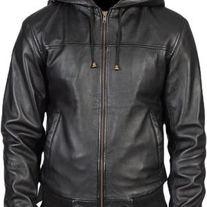 Men’s Black Hooded Leather Jacket – Handmade Real Lambskin Leather Hoodie