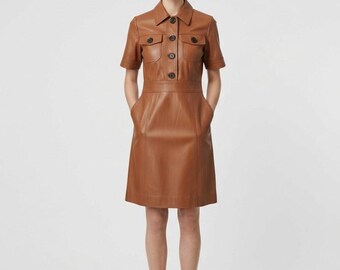 Women's Tan Lambskin Leather Shirt Dress | Genuine Leather Short Sleeve Mini Dress | Safari Utility Style Gift for Her