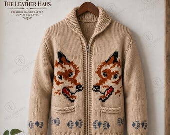 Hail Mary Inspired Fox Cardigan Sweater – Hand Knit Wool Blend Zip Up Cardigan for Men & Women, Canadian Style Winter Knitwear