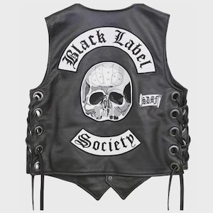 May include: Black leather vest featuring a skull patch and the text "Black Label Society" and "Society". The vest has lace-up sides and a button closure. A classic biker vest.
