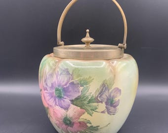 Antique English Biscuit Jar: Poppy Floral Ceramic, EPNS Lid