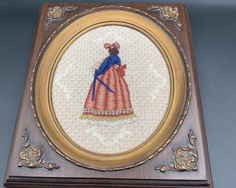 Vintage Victorian Style Mixed Media Needlework – Figure of Woman in Bonnet, Ornate Wood Frame