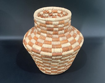 Vintage Handwoven Palm Olla Basket: Bohemian Checkerboard Decor