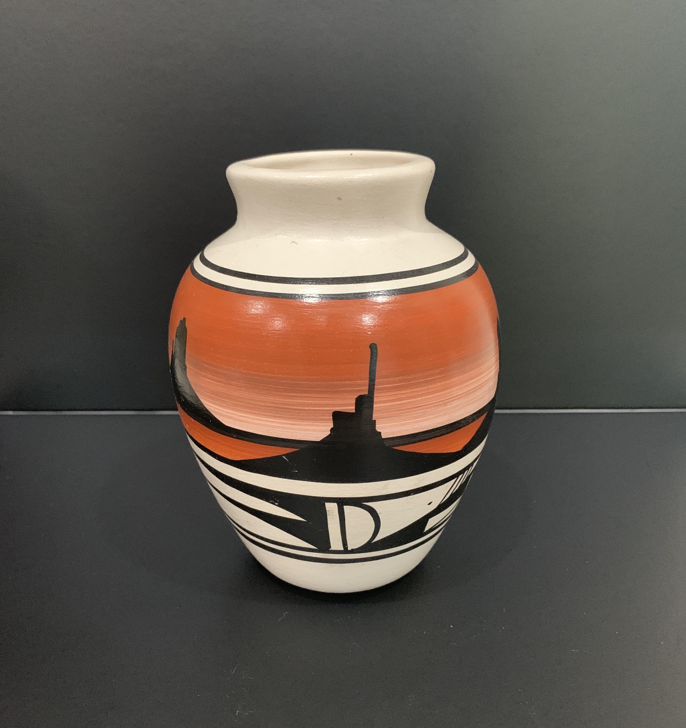 Vase Double Tige En Faïence Navajo J. Banally - Signé, Montagnes De Buffles