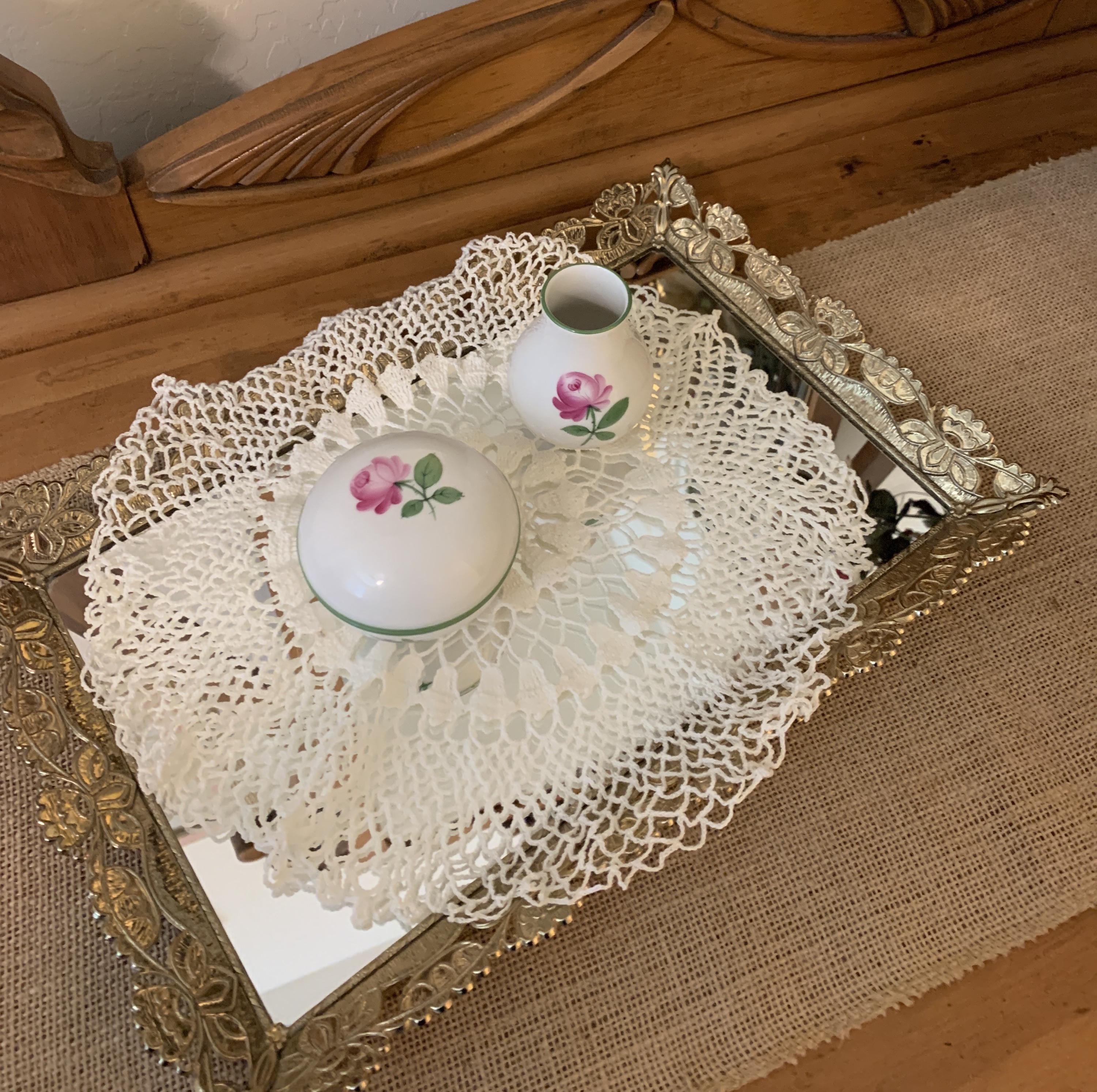 Vintage Augarten Wien Pink Rose Porcelain Trinket Box & Vase Set