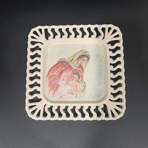 Vintage 1956 Hand Painted Reticulated Ceramic Plate | Virgin Mary & Child Jesus | Signed Religious Art| Vintage Madonna and Child