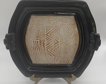 Vintage Dana Pottery Tray – Aztec Tribal Pattern, 10" x 12"
