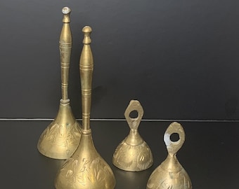 Vintage Etched Brass Bells — Set of 4, Tall & Small Mixed Sizes