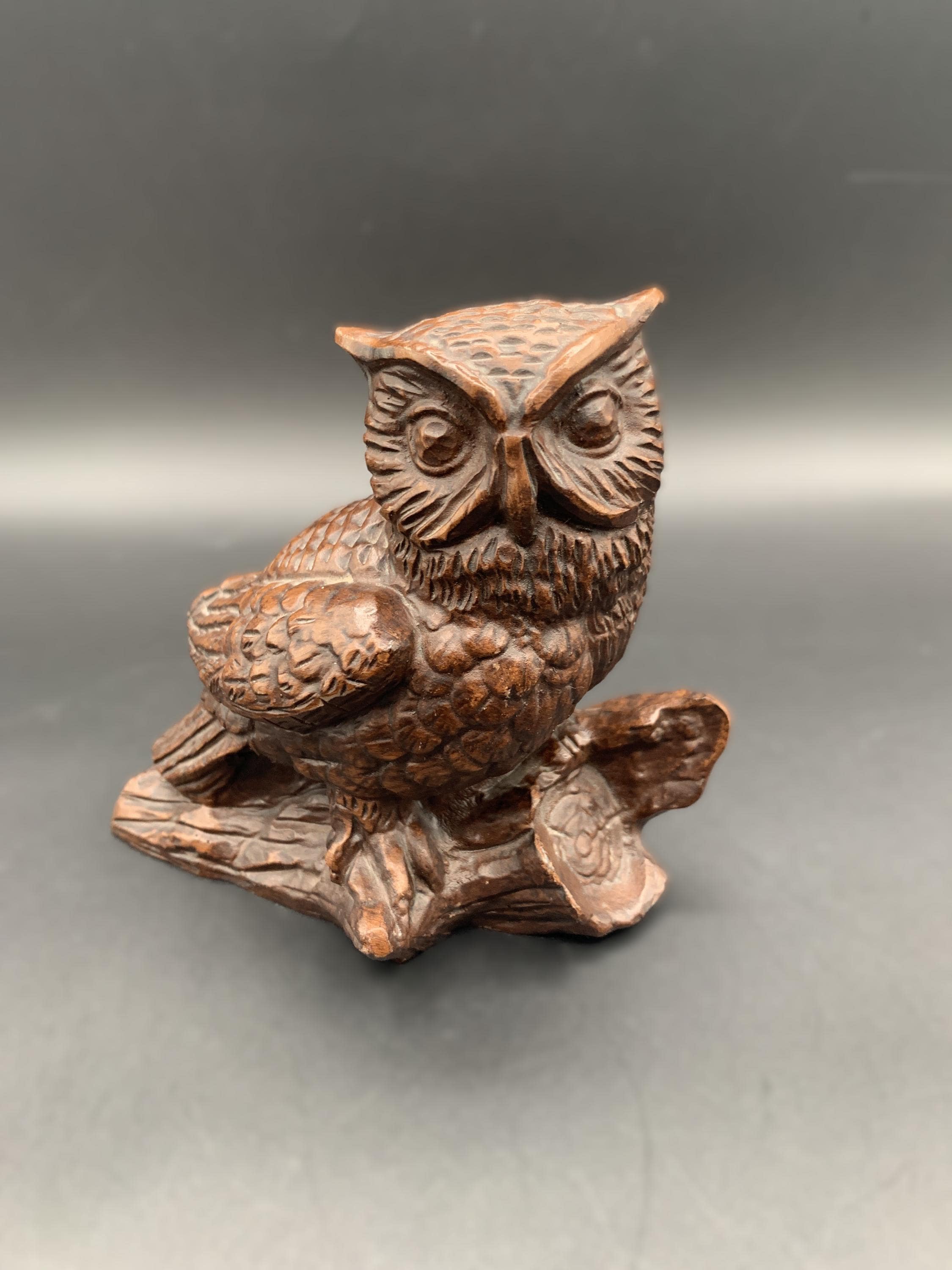 Vintage Red Mill Horned Owl Figurine | Handcrafted Pecan Shell Sculpture Paperweight Bird Lover Coll