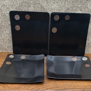 Vintage Couroc of Monterey Trays–Bold Coin inlay–Signature Black Resin – Handcrafted in Monterey, California – Set of 4– Couroc collectibles