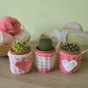 Pode incluir: Três pequenos cactos verdes em vasos de terracota, cada um coberto por uma capa tricotada à mão. A capa esquerda é rosa claro com um coração rosa escuro, a central é listrada de rosa e branco, e a direita é rosa com um coração branco.