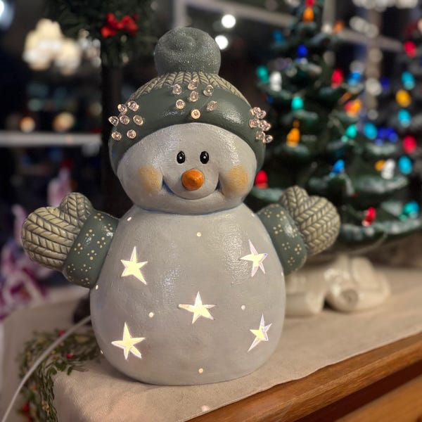 Hand painted, unique, ceramic, Holiday decor, Welcome Illuminated Snowman