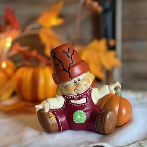 One of a Kind, Hand Painted, Ceramic Scarecrow with Crackpot Hat-Autumn Scarecrow