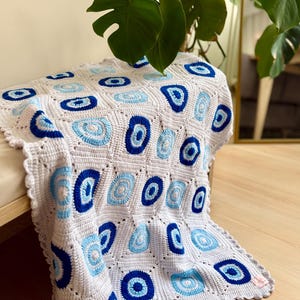 Handmade Crochet Evil Eye Blanket – Turkish Blue & White Throw