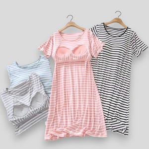 Striped Nightdress with Built-In Bra, Soft Knee-Length Sleepwear with Bust Support, Relaxed Fit, and Short Sleeves, Women&#39;s Nightwear