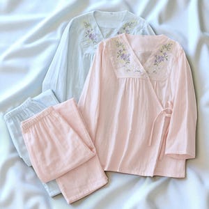 Embroidered V-Neck Cotton Pajama Set, Women’s 2-Piece Loungewear, Cute Sleepwear, Perfect Gift For Her