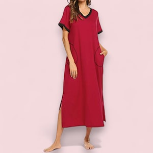 Cotton Maxi Nightgown, Loose Fit Sleep Dress with Pockets, Side Slits & Contrast Trim, Loungewear for Women, Cotton and Polyester