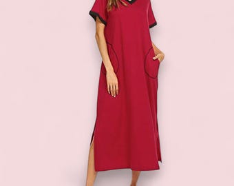 Camisón largo de algodón, holgado, con bolsillos, aberturas laterales y ribete en contraste, para mujer, de algodón y poliéster.