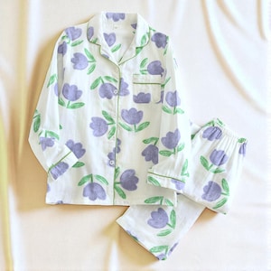 Floral Pajama Set for Women, 2 Piece Sleepwear with Lapel Collar, Long Sleeve Button Top & Piped Trim, Full-Length Pants, Gift For Her