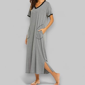 Cotton Maxi Nightgown, Loose Fit Sleep Dress with Pockets, Side Slits & Contrast Trim, Loungewear for Women, Cotton and Polyester