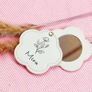 Personalized Flower Pocket Mirror with Name, Engraved Leather Mirror Gift, Birth Flower Bridesmaid Favor, Custom Gift for Her