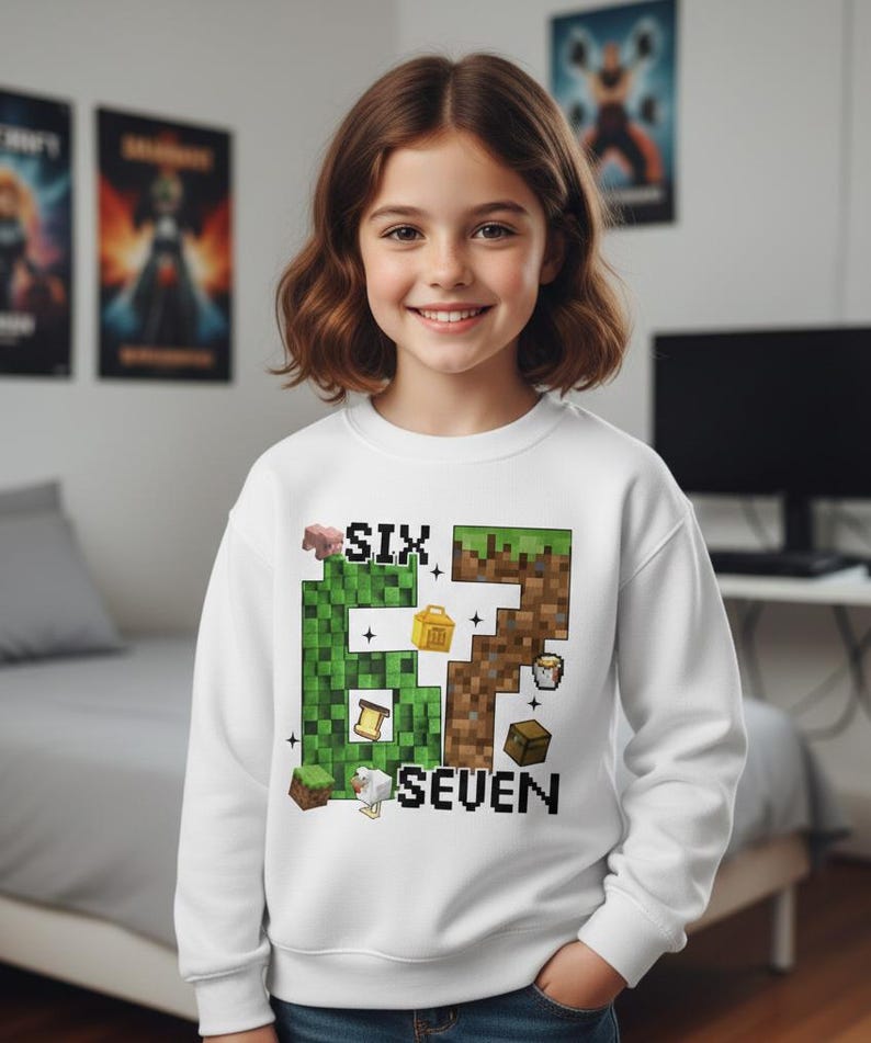 May include: A white sweatshirt with a pixelated "67" design in green and brown, with the words "SIX" and "SEVEN" in black. The design includes pixelated images of a pig, a chest, a chicken, and other game elements. The sweatshirt is worn by a young person.
