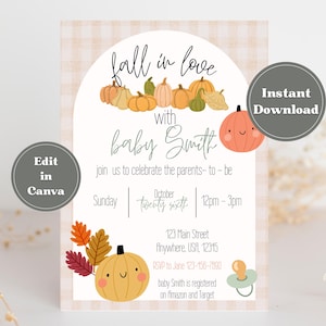 Fall in Love Baby Shower Invitation, Pumpkin Baby Shower Invite, Editable Fall Baby Shower Template, Autumn Baby Invite Digital Download
