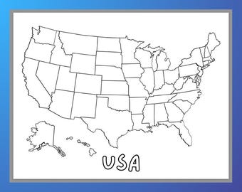 May include: Black and white outline map of the United States of America, with each state clearly delineated. The word "USA" is written in a playful font at the bottom of the image. The map includes Alaska and Hawaii.