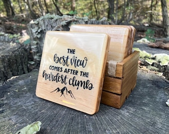 Rustic Wood Coaster Set with Mountain Quote Holder: Handmade Cabin Decor
